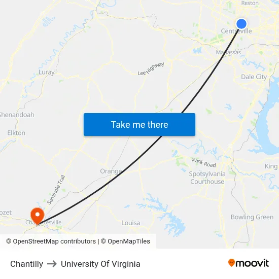 Chantilly to University Of Virginia map