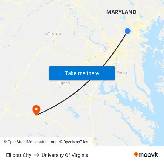 Ellicott City to University Of Virginia map