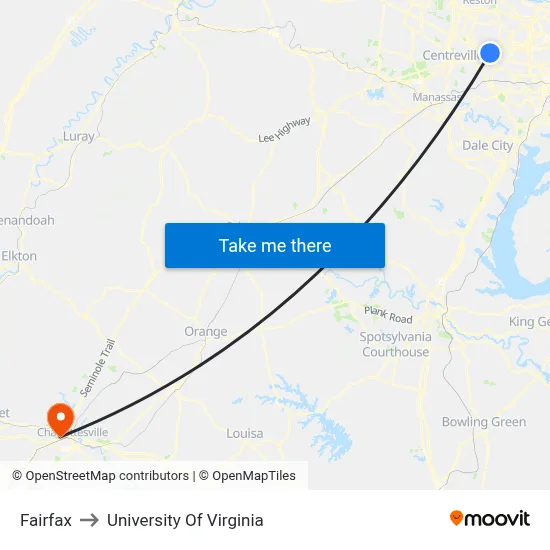 Fairfax to University Of Virginia map