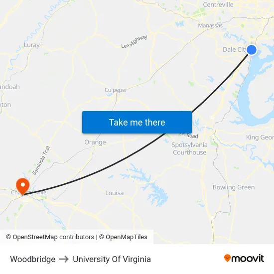 Woodbridge to University Of Virginia map