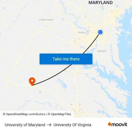 University of Maryland to University Of Virginia map