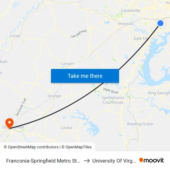 Franconia-Springfield Metro Station to University Of Virginia map