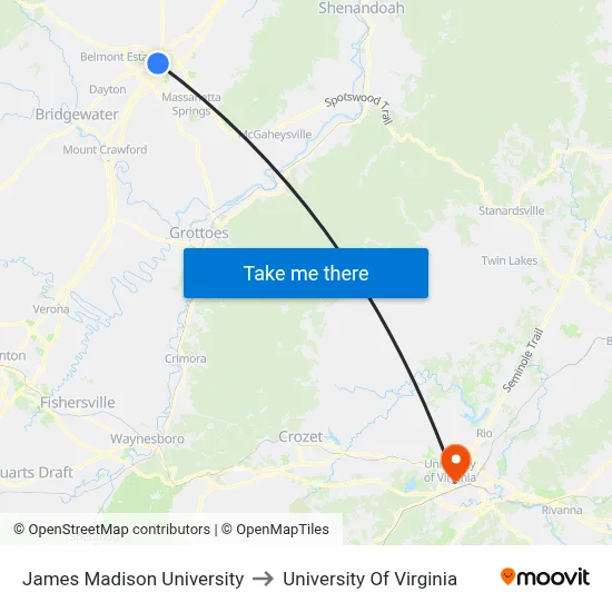 James Madison University to University Of Virginia map