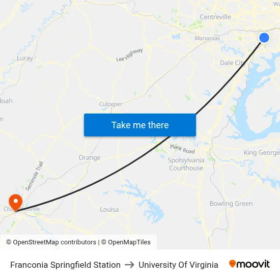 Franconia Springfield Station to University Of Virginia map