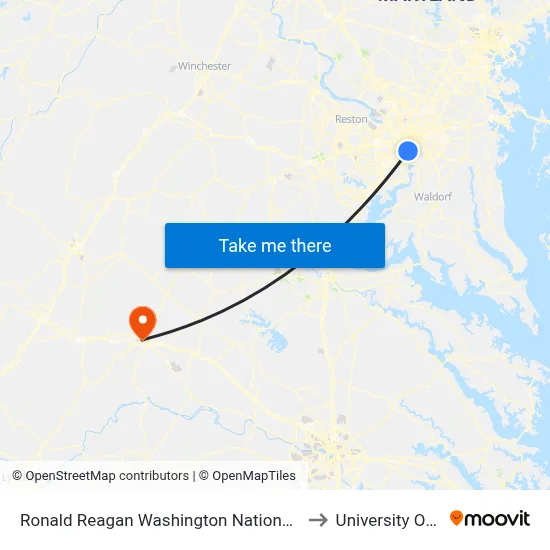 Ronald Reagan Washington National Airport - Garage A to University Of Virginia map