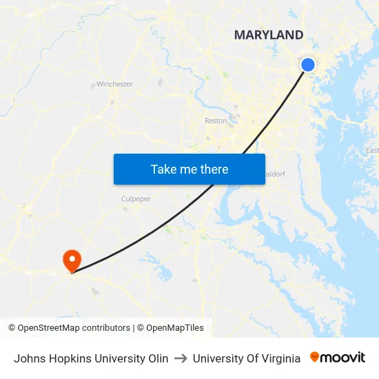 Johns Hopkins University Olin to University Of Virginia map