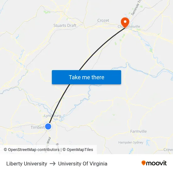 Liberty University to University Of Virginia map