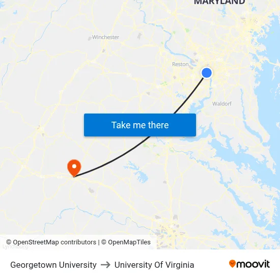 Georgetown University to University Of Virginia map