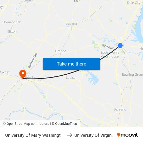 University Of Mary Washington to University Of Virginia map