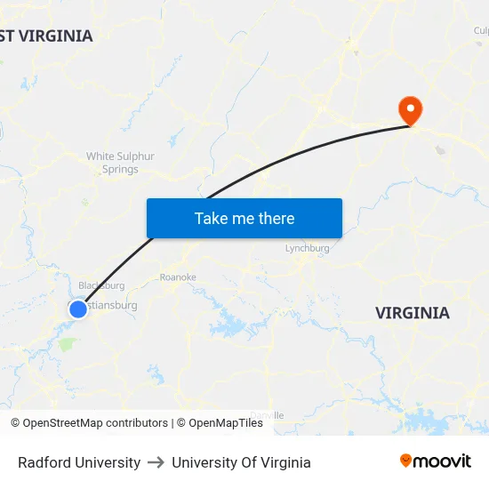 Radford University to University Of Virginia map