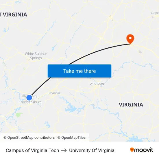 Campus of Virginia Tech to University Of Virginia map