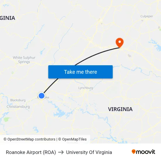 Roanoke Airport (ROA) to University Of Virginia map