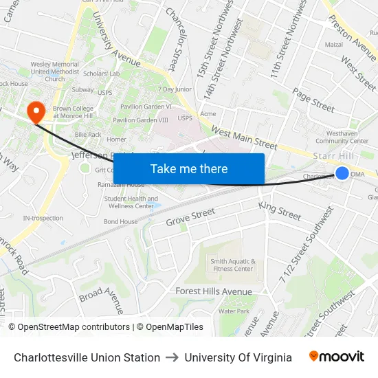 Charlottesville Union Station to University Of Virginia map