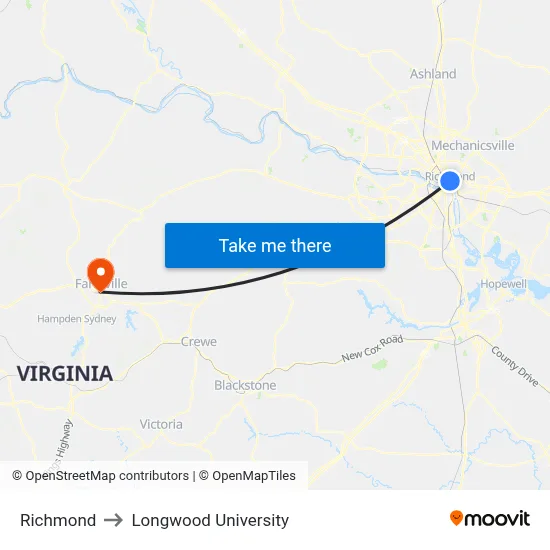 Richmond to Longwood University map
