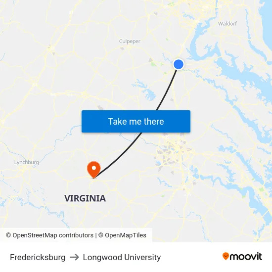 Fredericksburg to Longwood University map