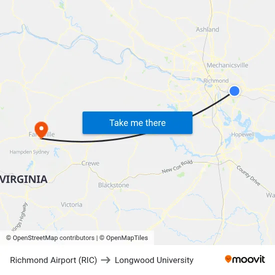 Richmond Airport (RIC) to Longwood University map