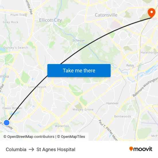 Columbia to St Agnes Hospital map