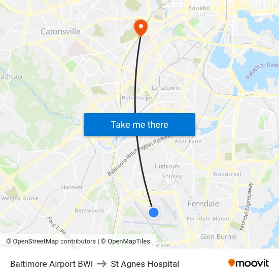 Baltimore Airport BWI to St Agnes Hospital map