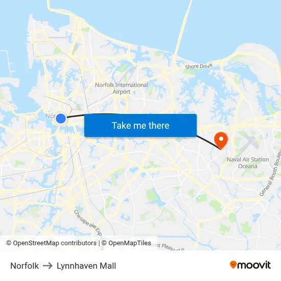 Norfolk to Lynnhaven Mall map