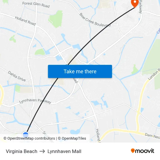 Virginia Beach to Lynnhaven Mall map