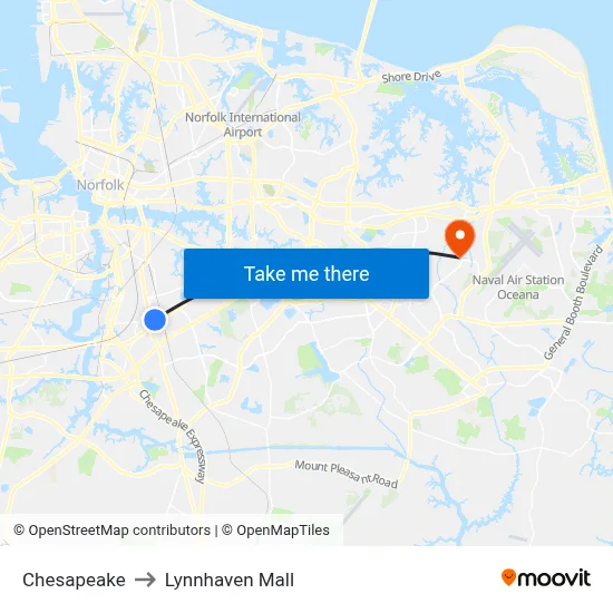 Chesapeake to Lynnhaven Mall map