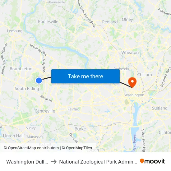 Washington Dulles Airport to National Zoological Park Administration Building map