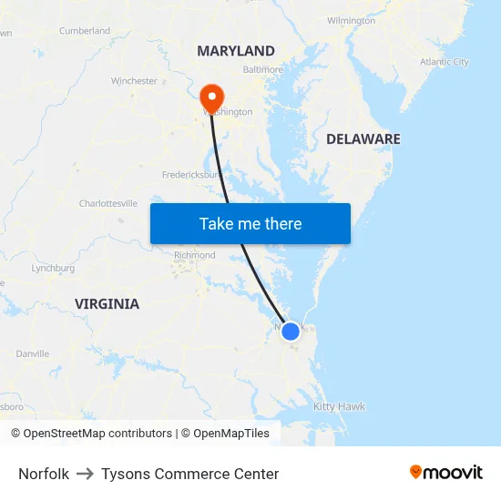 Norfolk to Tysons Commerce Center map