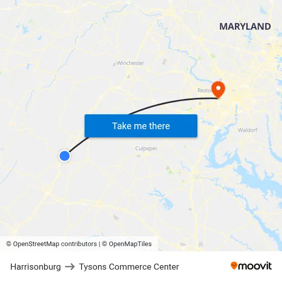 Harrisonburg to Tysons Commerce Center map