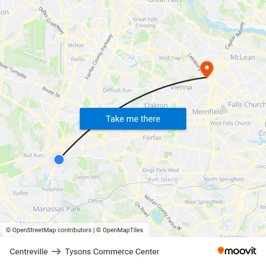Centreville to Tysons Commerce Center map