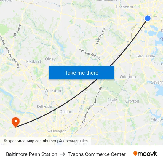 Baltimore Penn Station to Tysons Commerce Center map