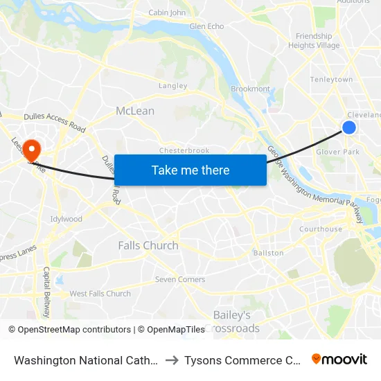 Washington National Cathedral to Tysons Commerce Center map