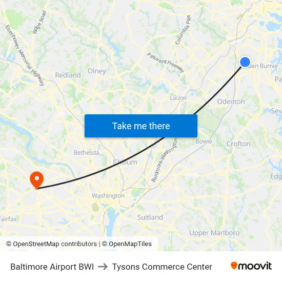 Baltimore Airport BWI to Tysons Commerce Center map