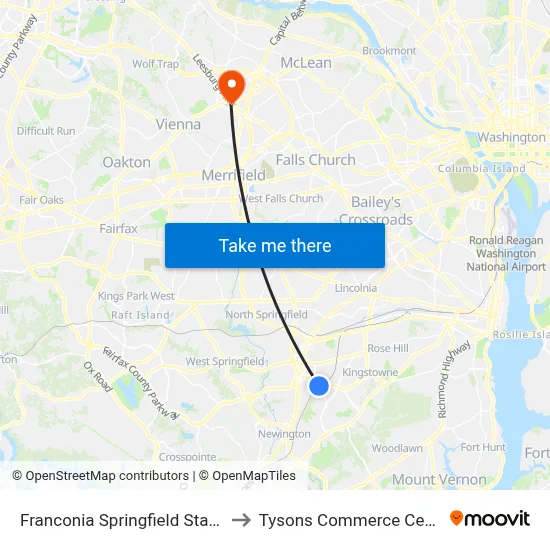 Franconia Springfield Station to Tysons Commerce Center map
