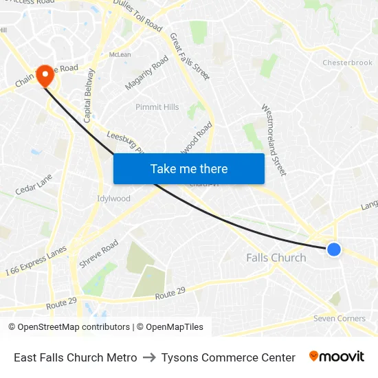 East Falls Church Metro to Tysons Commerce Center map