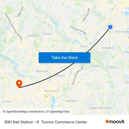 BWI Rail Station to Tysons Commerce Center map