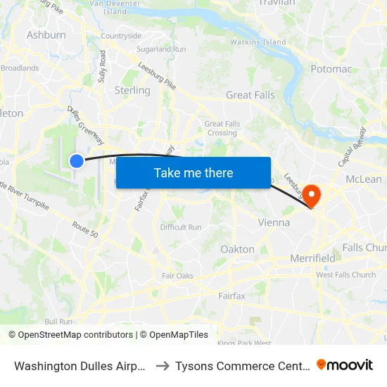 Washington Dulles Airport to Tysons Commerce Center map