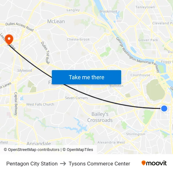 Pentagon City Station to Tysons Commerce Center map