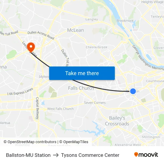Ballston-MU Station to Tysons Commerce Center map