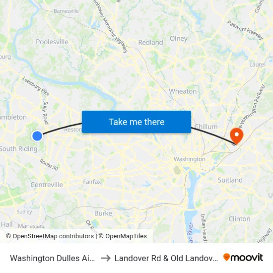 Washington Dulles Airport to Landover Rd & Old Landover Rd map