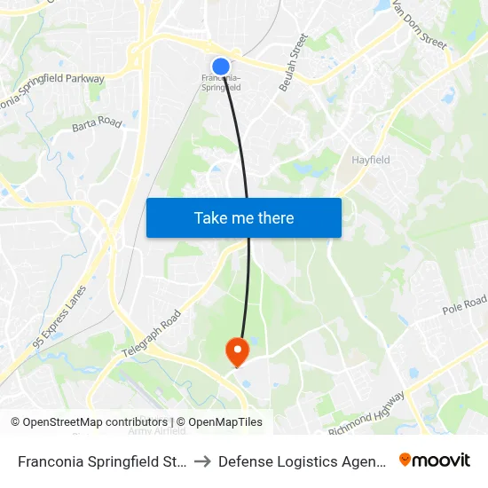 Franconia Springfield Station to Defense Logistics Agency HQ map