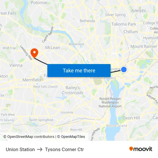 Union Station to Tysons Corner Ctr map