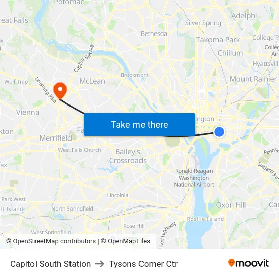 Capitol South Station to Tysons Corner Ctr map
