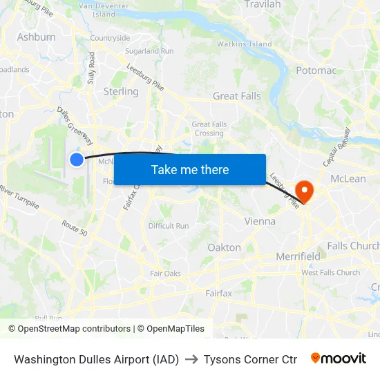 Washington Dulles Airport (IAD) to Tysons Corner Ctr map