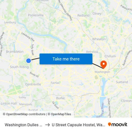 Washington Dulles Airport to U Street Capsule Hostel, Washington map