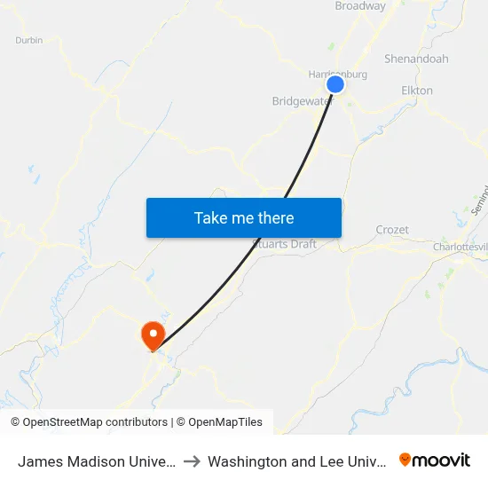 James Madison University to Washington and Lee University map