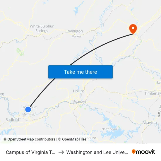 Campus of Virginia Tech to Washington and Lee University map