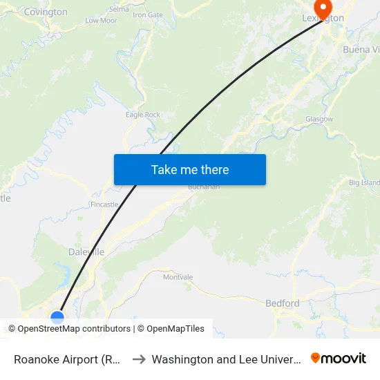 Roanoke Airport (ROA) to Washington and Lee University map
