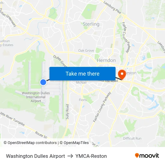 Washington Dulles Airport to YMCA-Reston map
