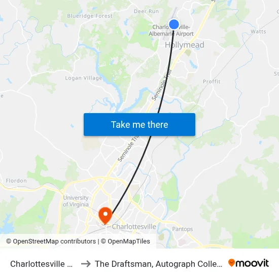 Charlottesville Airport CHO to The Draftsman, Autograph Collection, Charlottesville map