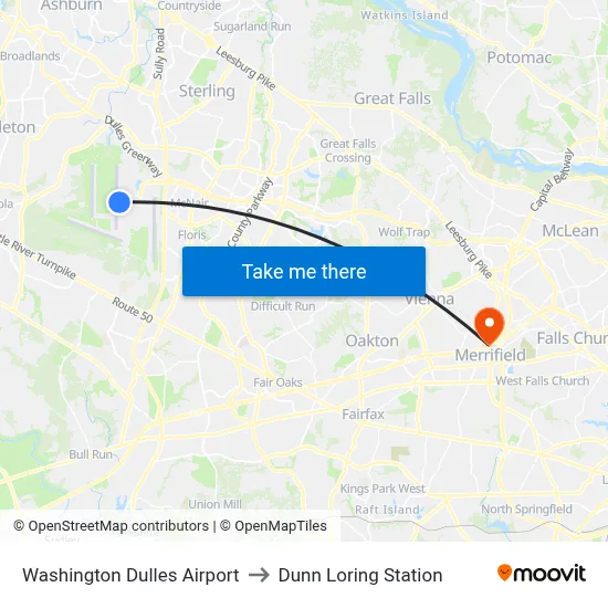 Washington Dulles Airport to Dunn Loring Station map